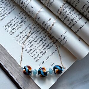 Vintage retro glass beads jade necklace. Perfect retro style glass necklace gift